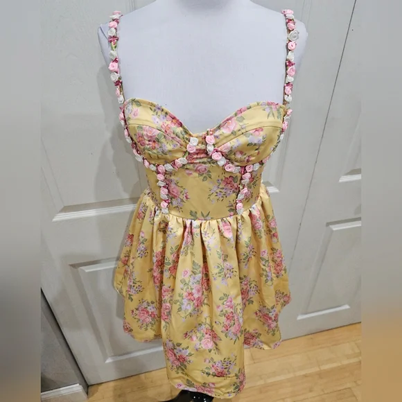 Dolls Kill Sugar Thrillz Yellow Floral Princess Party Mini Dress S - Picture 8 of 14